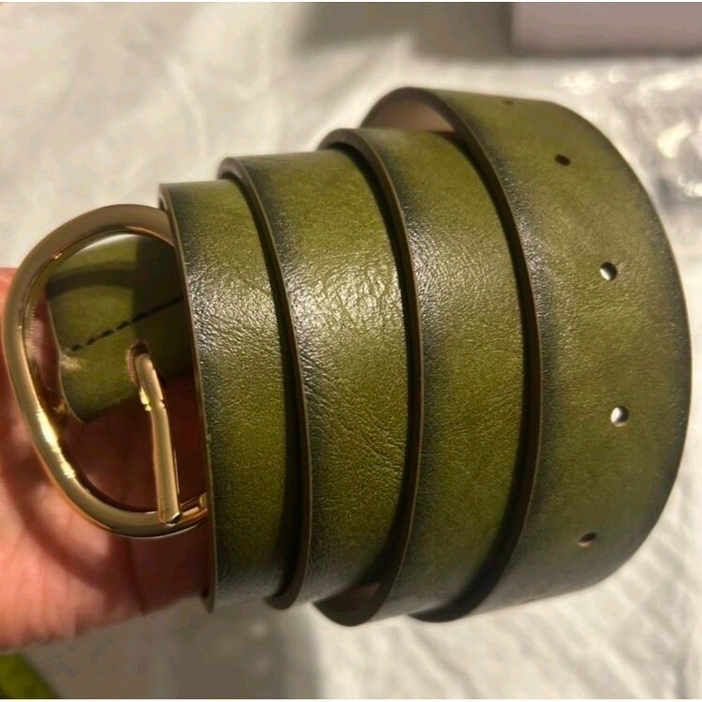 Women Olive Green Faux Leather Belt Gold Oval Buckle Casual Dress Jeans 44 inch - Picture 4 of 4